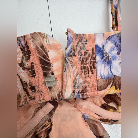 Zimmermann Coco Floral Print Bow Detail Mini Dress Peach Multi Various Size - Picture 12 of 16